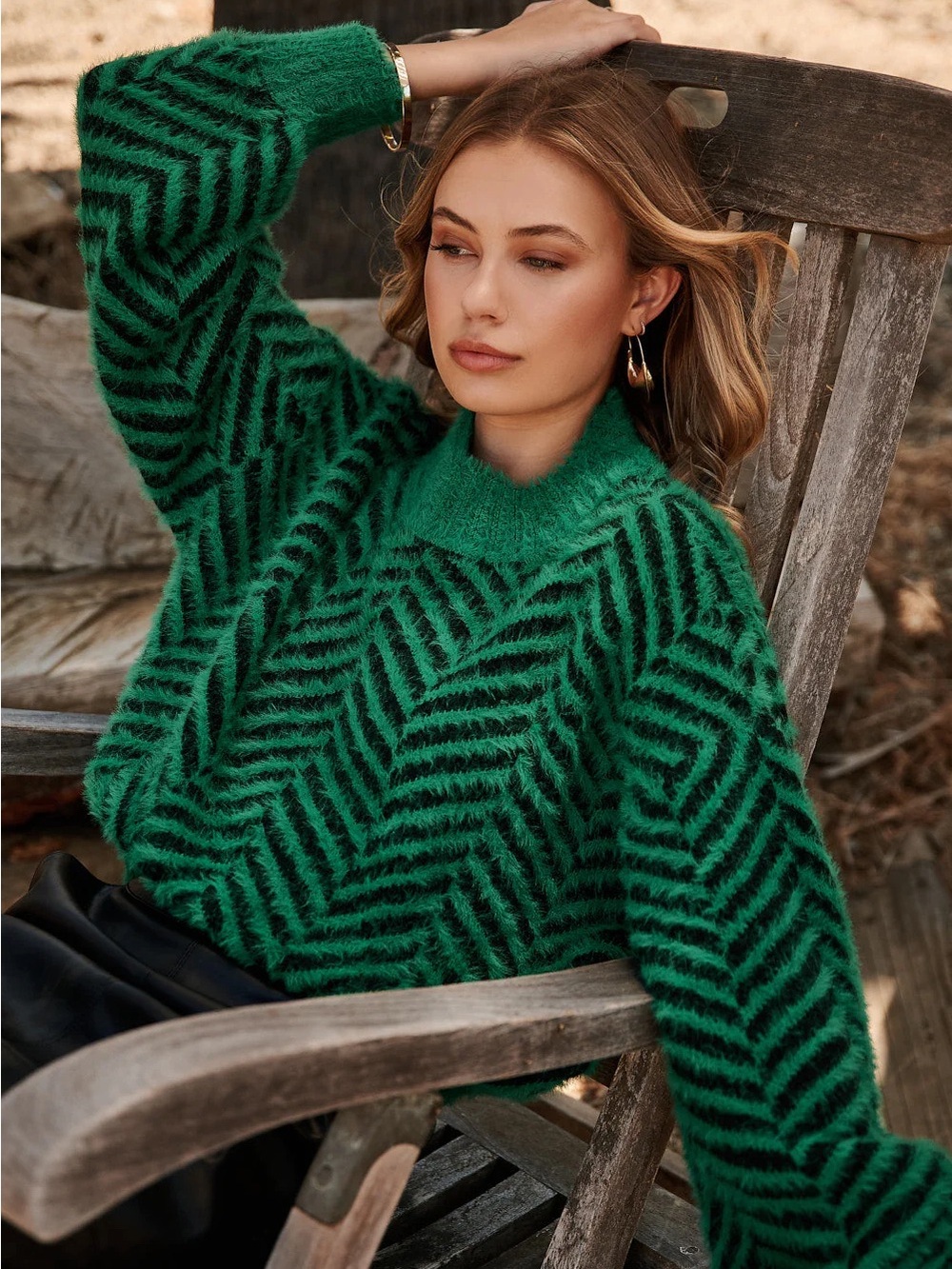 Sugarlips Emerald Green Chevron Fuzzy Crewneck Sweater
